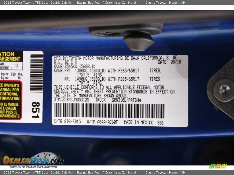 2018 Toyota Tacoma TRD Sport Double Cab 4x4 Blazing Blue Pearl / Graphite w/Gun Metal Photo #19