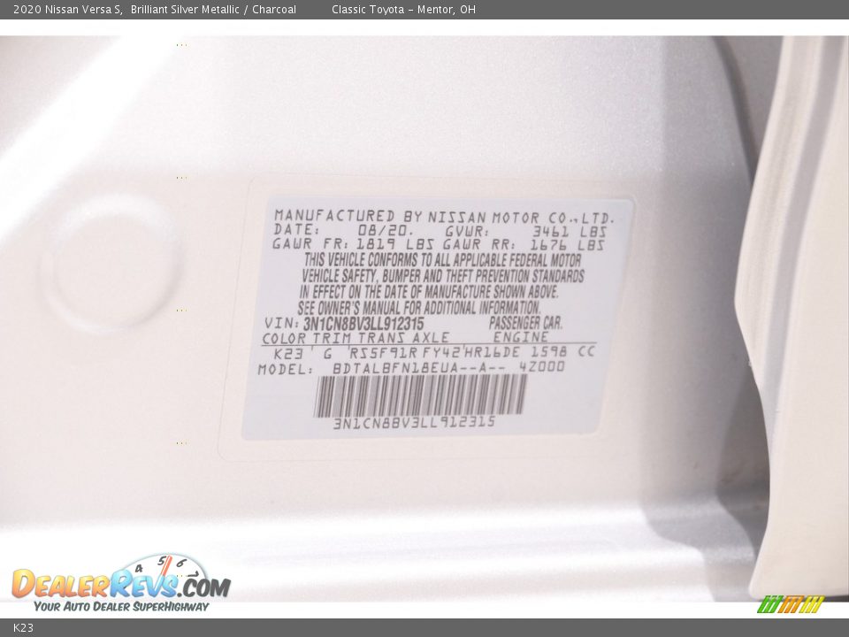 Nissan Color Code K23 Brilliant Silver Metallic