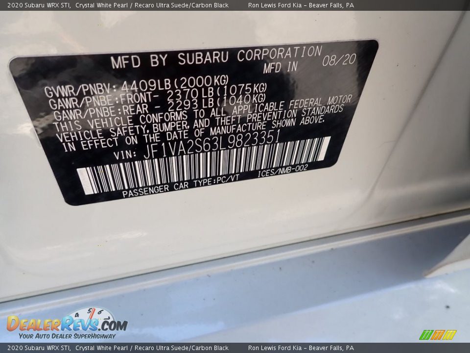 2020 Subaru WRX STI Crystal White Pearl / Recaro Ultra Suede/Carbon Black Photo #14