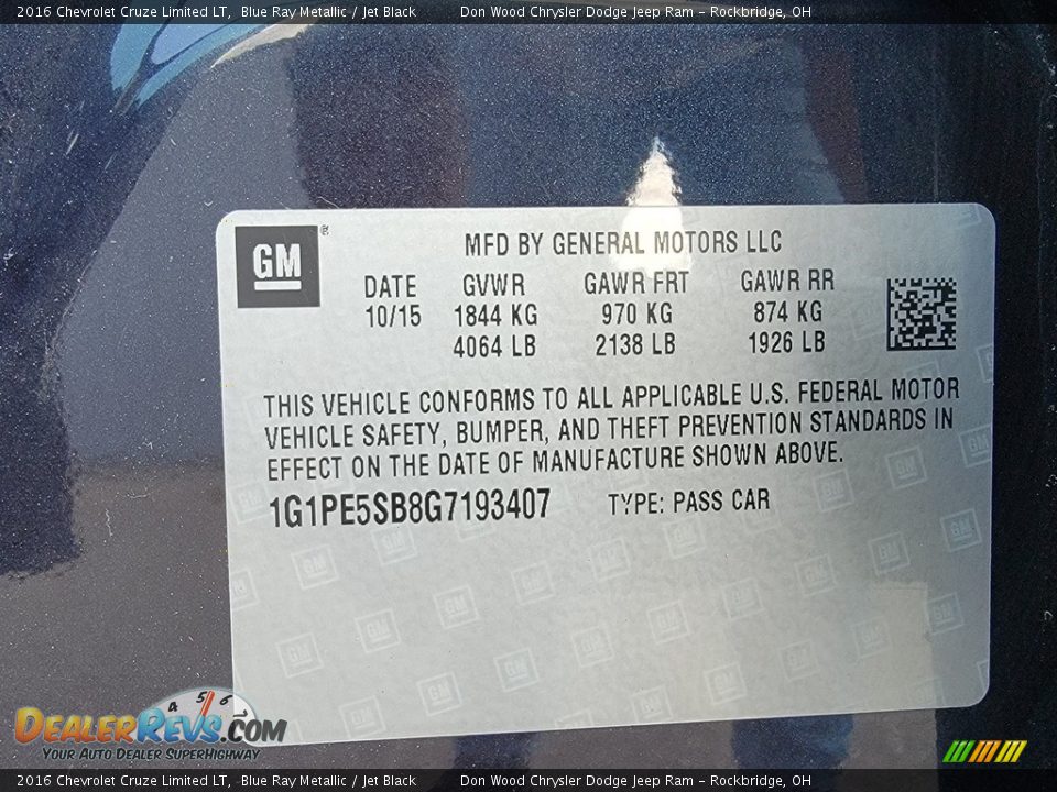 2016 Chevrolet Cruze Limited LT Blue Ray Metallic / Jet Black Photo #34