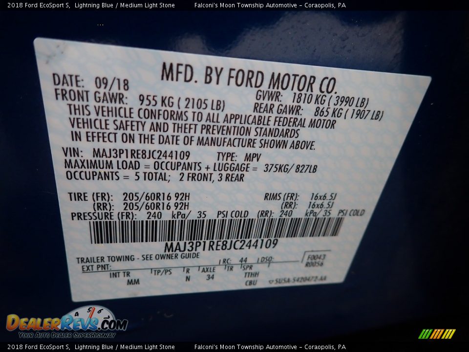 2018 Ford EcoSport S Lightning Blue / Medium Light Stone Photo #27