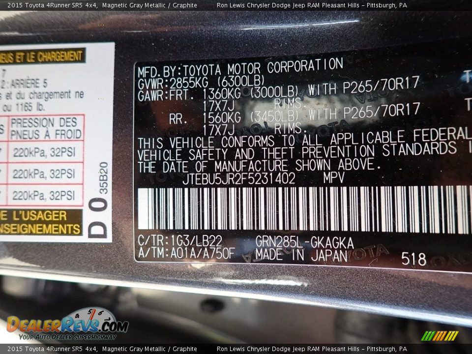 2015 Toyota 4Runner SR5 4x4 Magnetic Gray Metallic / Graphite Photo #15