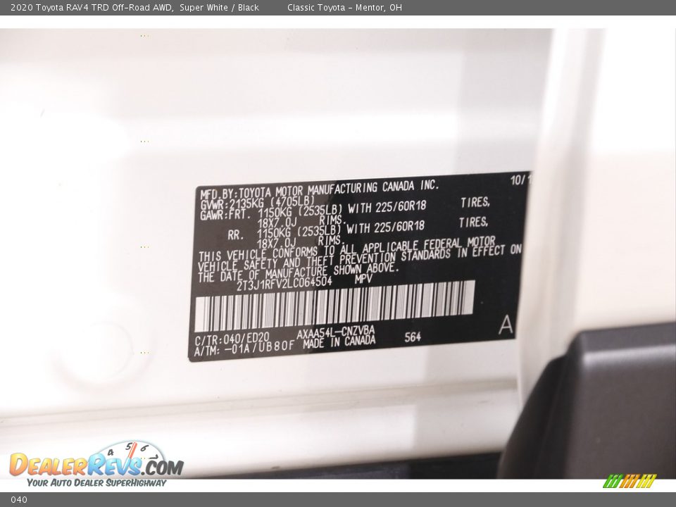 Toyota Color Code 040 Super White