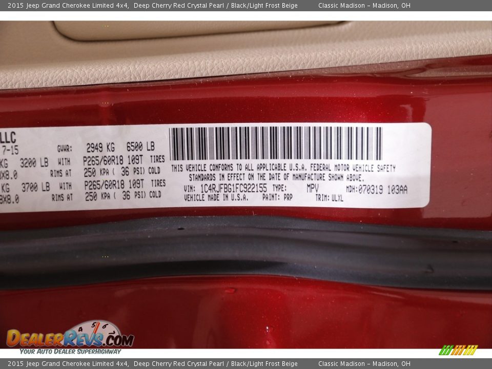 2015 Jeep Grand Cherokee Limited 4x4 Deep Cherry Red Crystal Pearl / Black/Light Frost Beige Photo #22