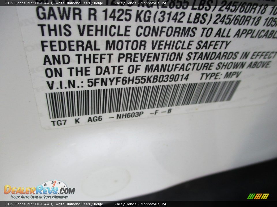 2019 Honda Pilot EX-L AWD White Diamond Pearl / Beige Photo #19