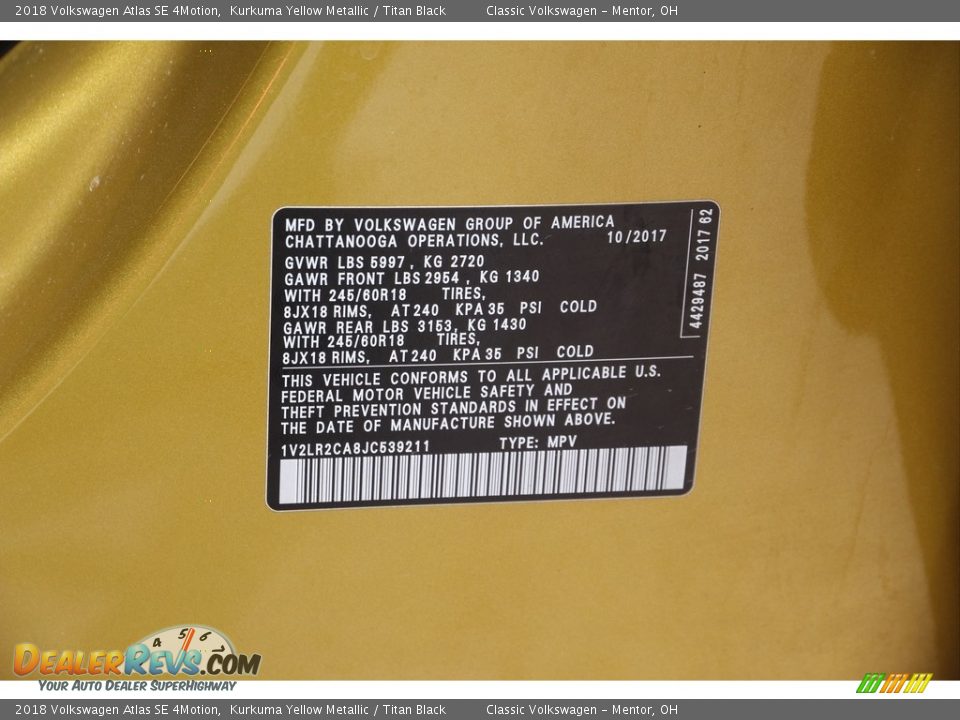 2018 Volkswagen Atlas SE 4Motion Kurkuma Yellow Metallic / Titan Black Photo #21