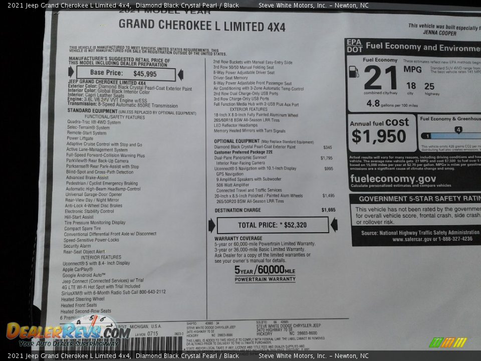 2021 Jeep Grand Cherokee L Limited 4x4 Window Sticker Photo #30