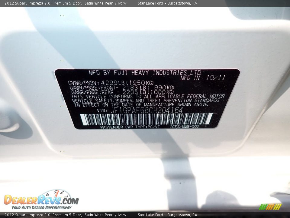 2012 Subaru Impreza 2.0i Premium 5 Door Satin White Pearl / Ivory Photo #14