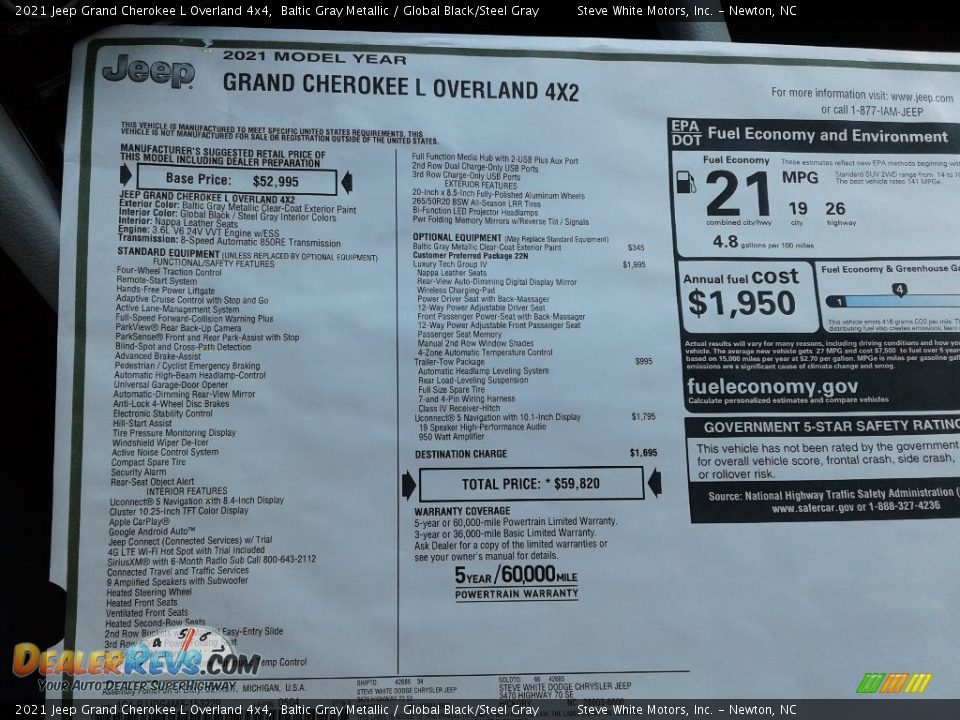 2021 Jeep Grand Cherokee L Overland 4x4 Window Sticker Photo #32