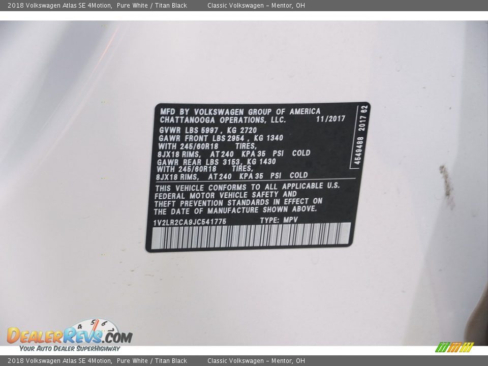 2018 Volkswagen Atlas SE 4Motion Pure White / Titan Black Photo #20