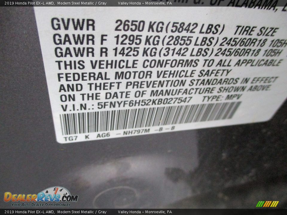 2019 Honda Pilot EX-L AWD Modern Steel Metallic / Gray Photo #19