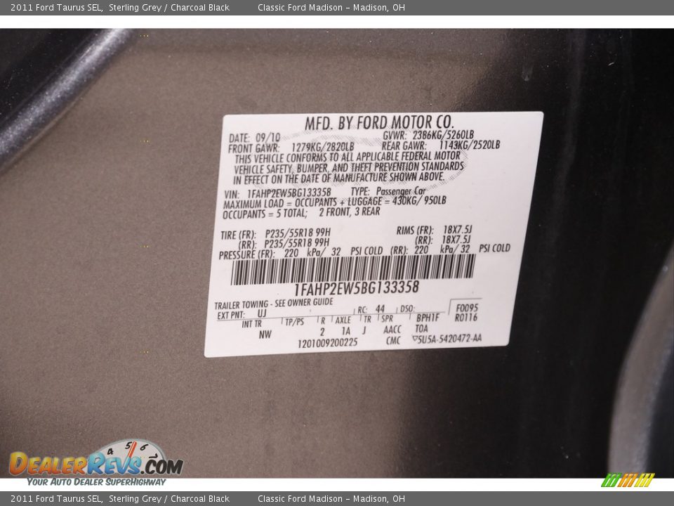 2011 Ford Taurus SEL Sterling Grey / Charcoal Black Photo #20
