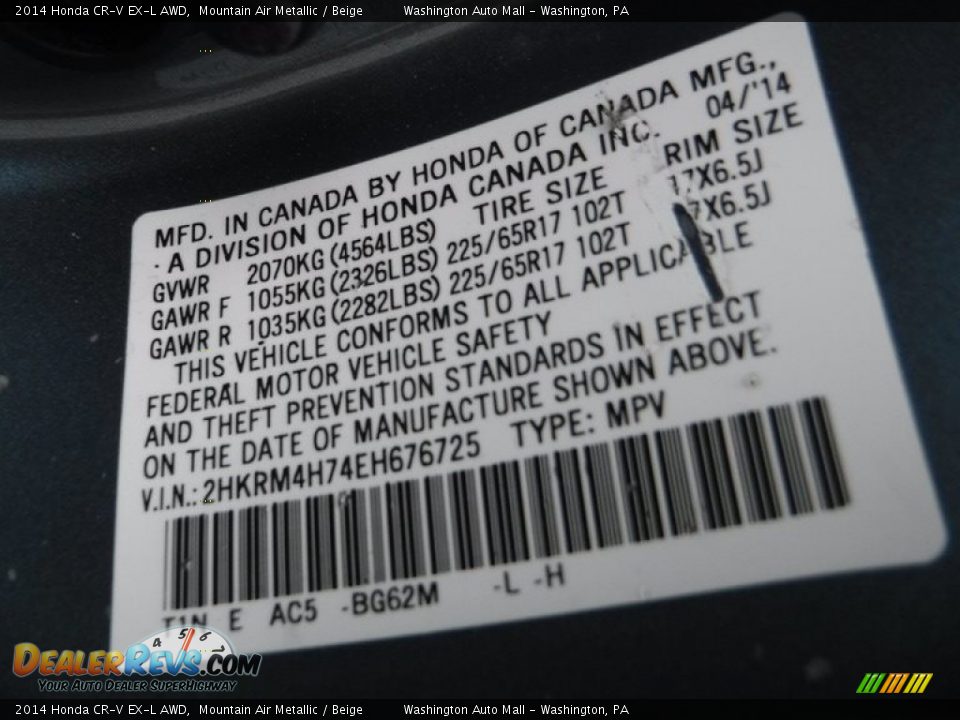 2014 Honda CR-V EX-L AWD Mountain Air Metallic / Beige Photo #27