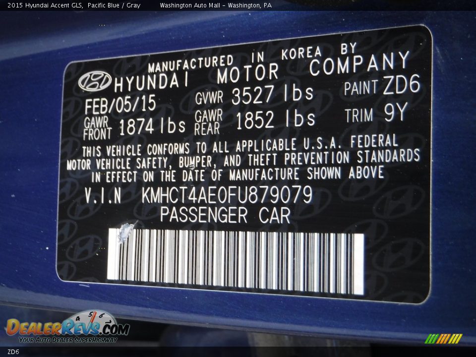 Hyundai Color Code ZD6 Pacific Blue