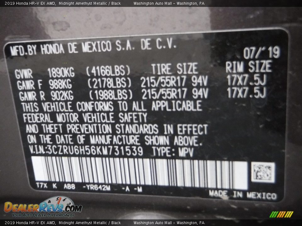 2019 Honda HR-V EX AWD Midnight Amethyst Metallic / Black Photo #26