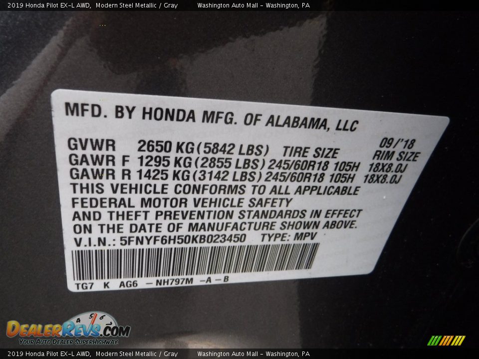 2019 Honda Pilot EX-L AWD Modern Steel Metallic / Gray Photo #35