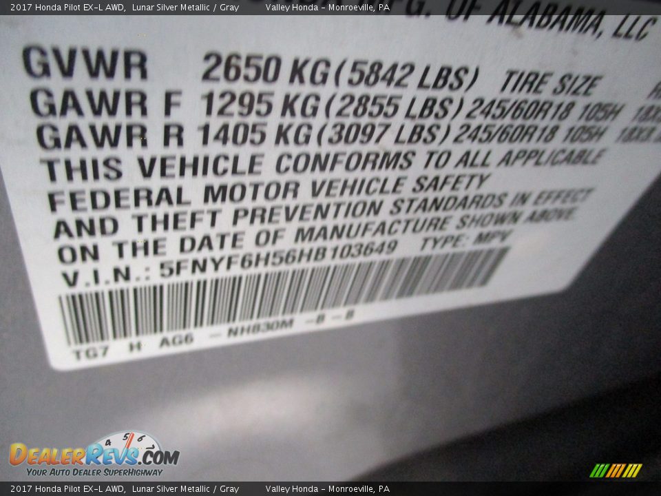 2017 Honda Pilot EX-L AWD Lunar Silver Metallic / Gray Photo #19
