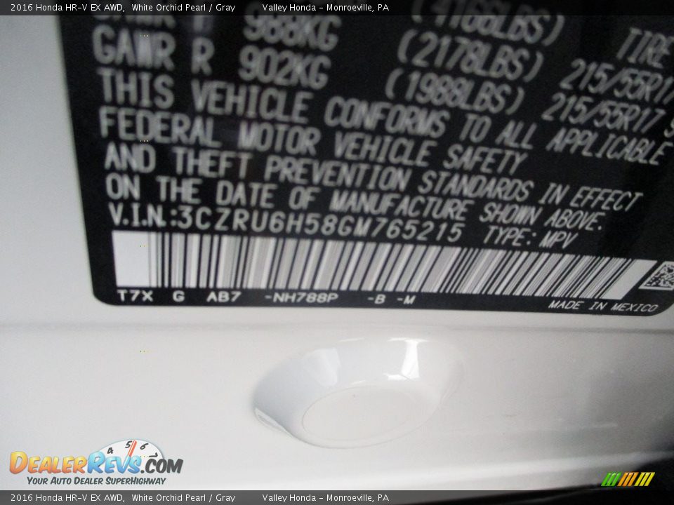2016 Honda HR-V EX AWD White Orchid Pearl / Gray Photo #19