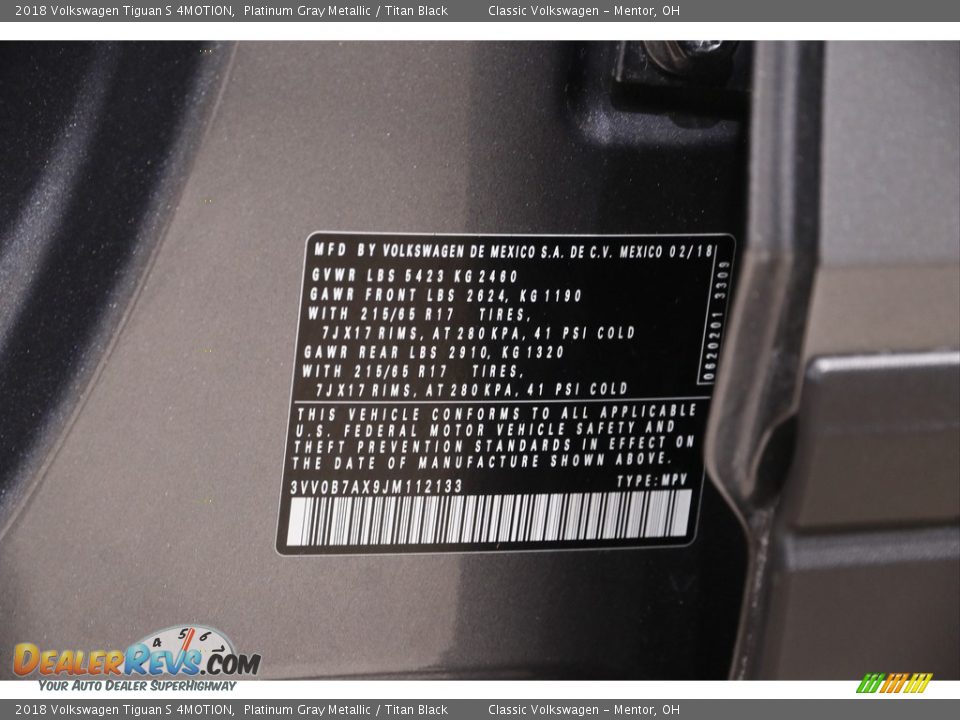 2018 Volkswagen Tiguan S 4MOTION Platinum Gray Metallic / Titan Black Photo #19