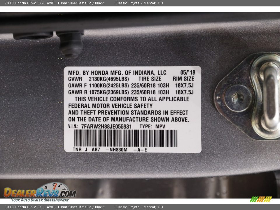 2018 Honda CR-V EX-L AWD Lunar Silver Metallic / Black Photo #21