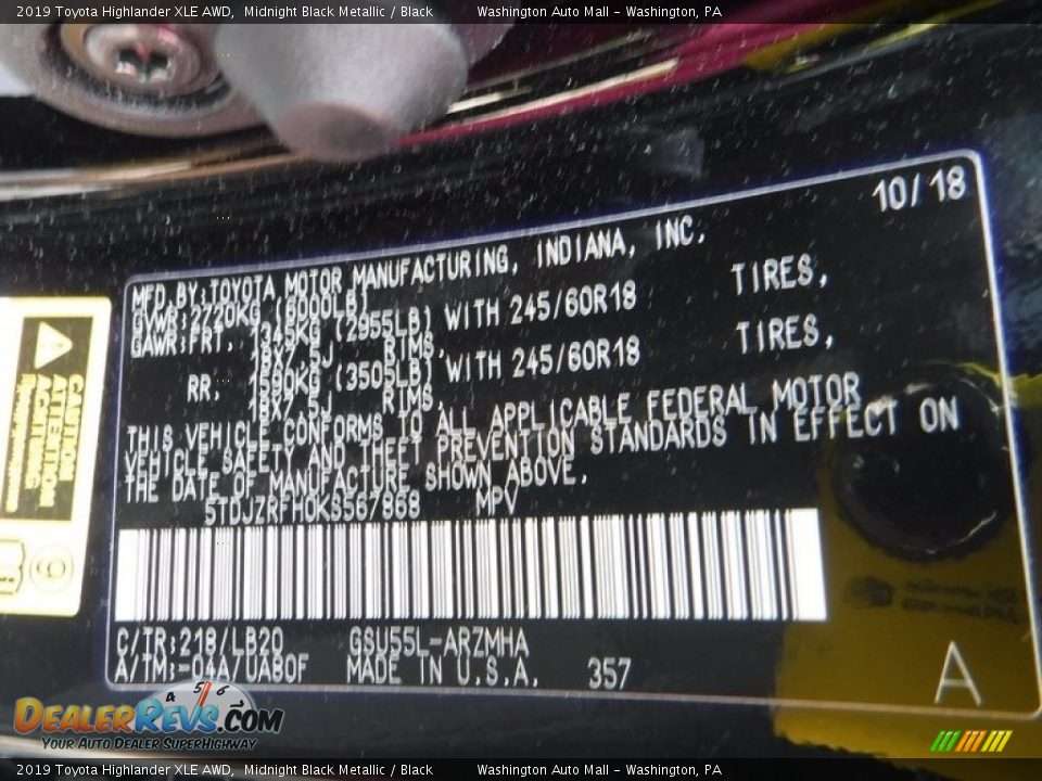2019 Toyota Highlander XLE AWD Midnight Black Metallic / Black Photo #36