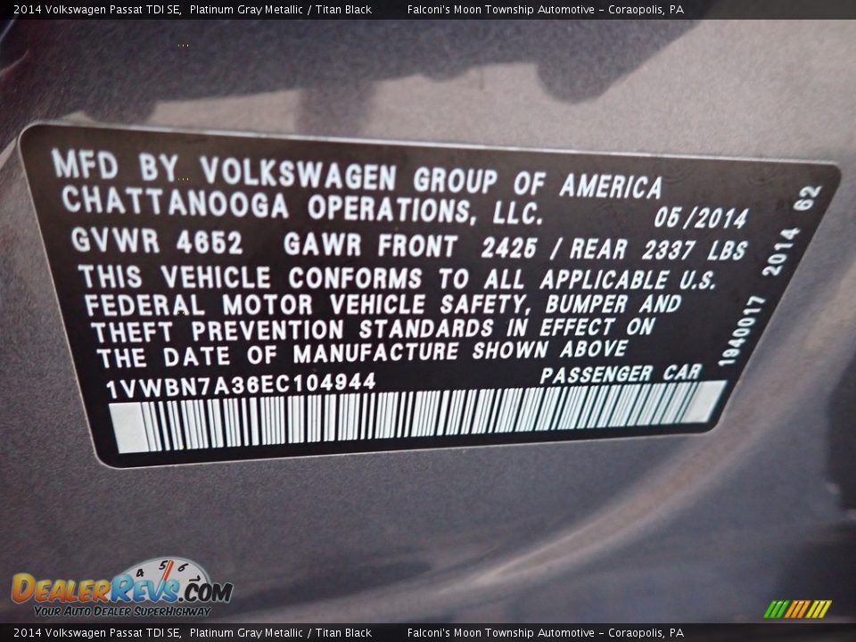 2014 Volkswagen Passat TDI SE Platinum Gray Metallic / Titan Black Photo #27