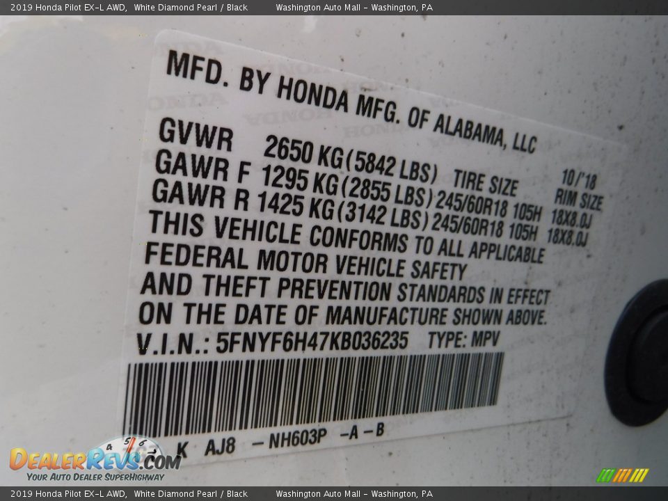2019 Honda Pilot EX-L AWD White Diamond Pearl / Black Photo #36