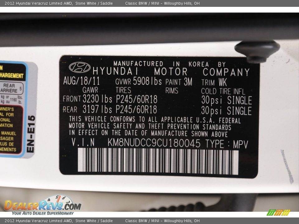 2012 Hyundai Veracruz Limited AWD Stone White / Saddle Photo #19