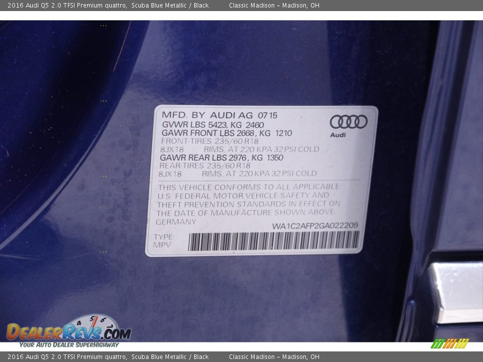 2016 Audi Q5 2.0 TFSI Premium quattro Scuba Blue Metallic / Black Photo #20