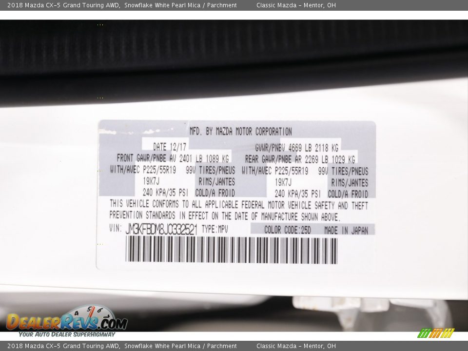 2018 Mazda CX-5 Grand Touring AWD Snowflake White Pearl Mica / Parchment Photo #20