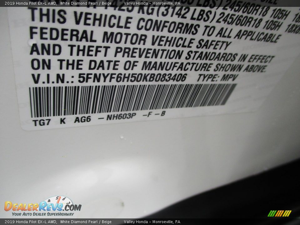 2019 Honda Pilot EX-L AWD White Diamond Pearl / Beige Photo #19