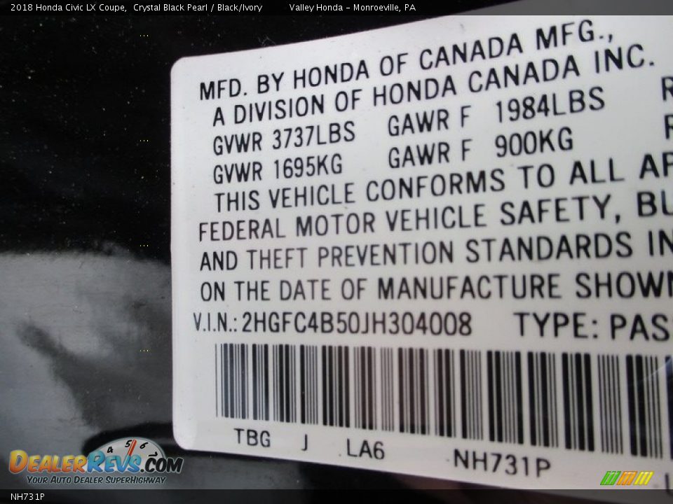 Honda Color Code NH731P Crystal Black Pearl