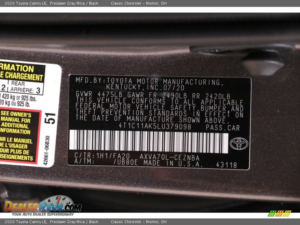 2020 Toyota Camry LE Predawn Gray Mica / Black Photo #17