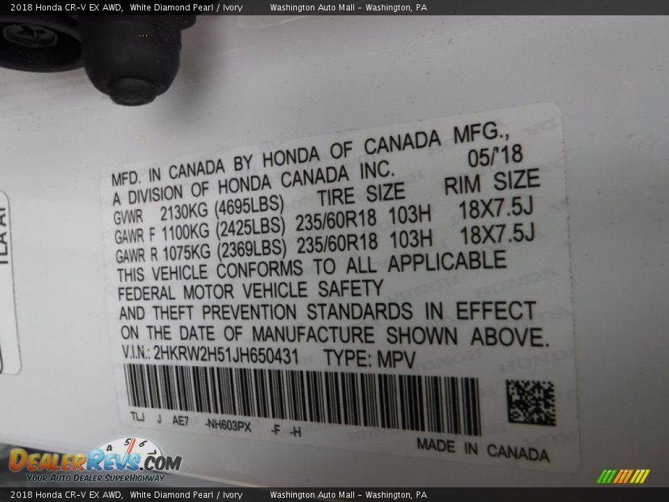 2018 Honda CR-V EX AWD White Diamond Pearl / Ivory Photo #27