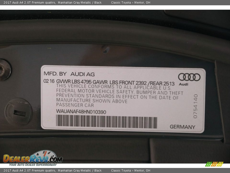 2017 Audi A4 2.0T Premium quattro Manhattan Gray Metallic / Black Photo #22