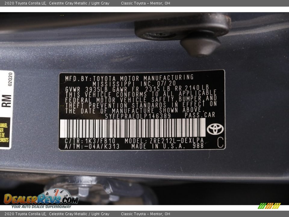 2020 Toyota Corolla LE Celestite Gray Metallic / Light Gray Photo #18