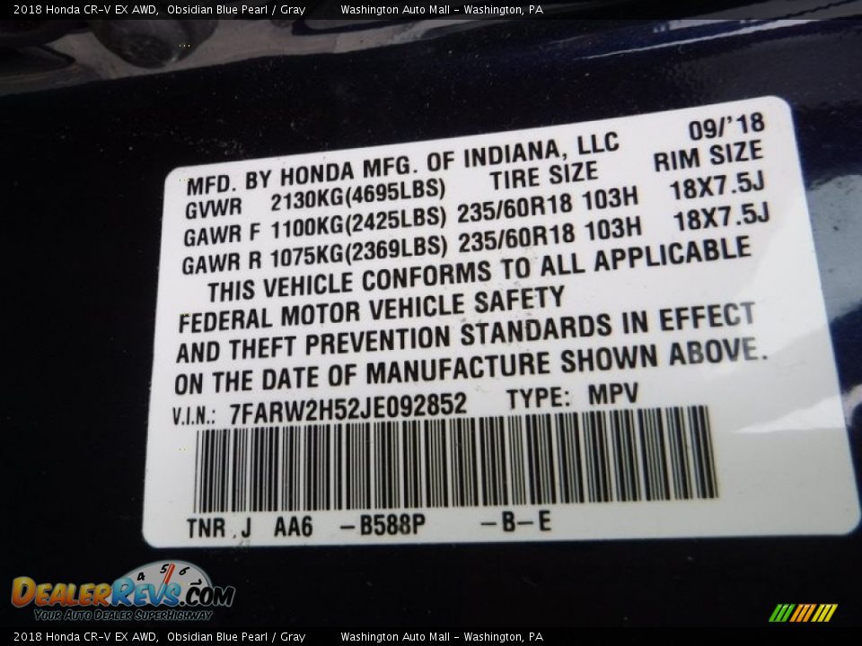 2018 Honda CR-V EX AWD Obsidian Blue Pearl / Gray Photo #31