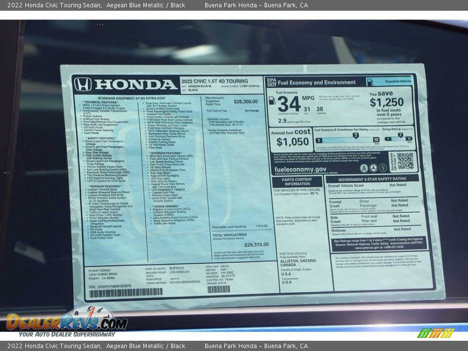 2022 Honda Civic Touring Sedan Window Sticker Photo #7