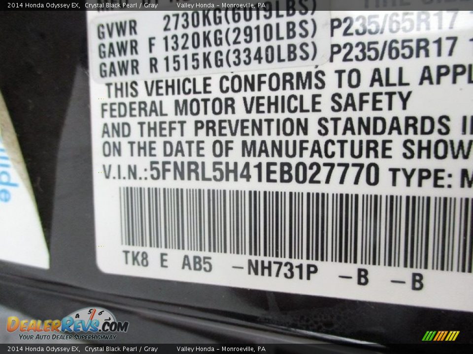 2014 Honda Odyssey EX Crystal Black Pearl / Gray Photo #19