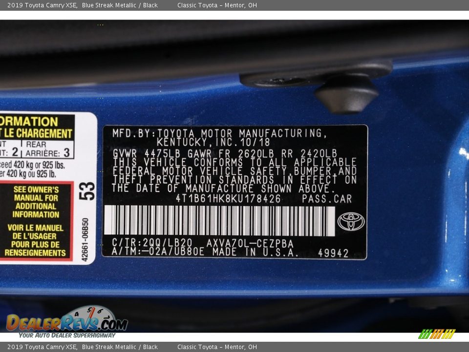 2019 Toyota Camry XSE Blue Streak Metallic / Black Photo #22