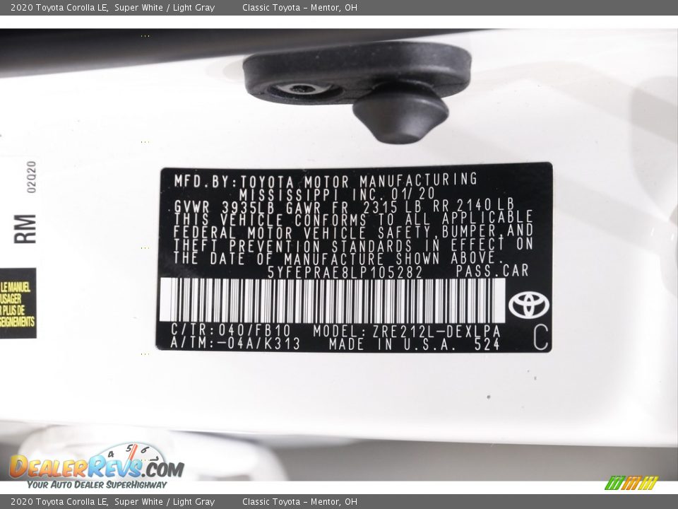 2020 Toyota Corolla LE Super White / Light Gray Photo #18