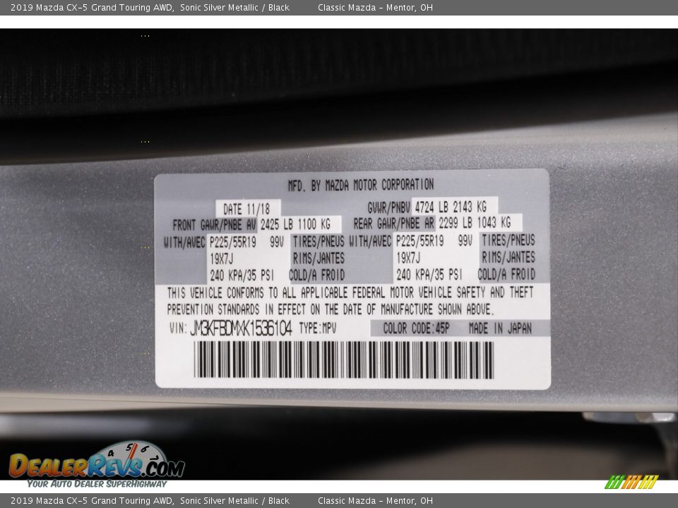 2019 Mazda CX-5 Grand Touring AWD Sonic Silver Metallic / Black Photo #20