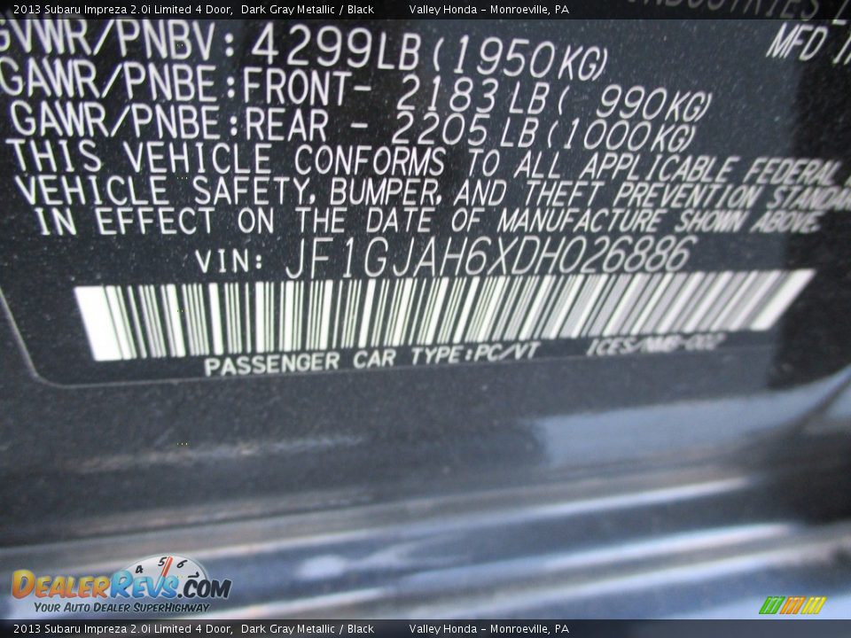 2013 Subaru Impreza 2.0i Limited 4 Door Dark Gray Metallic / Black Photo #19