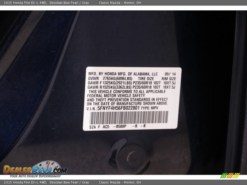 2015 Honda Pilot EX-L 4WD Obsidian Blue Pearl / Gray Photo #21