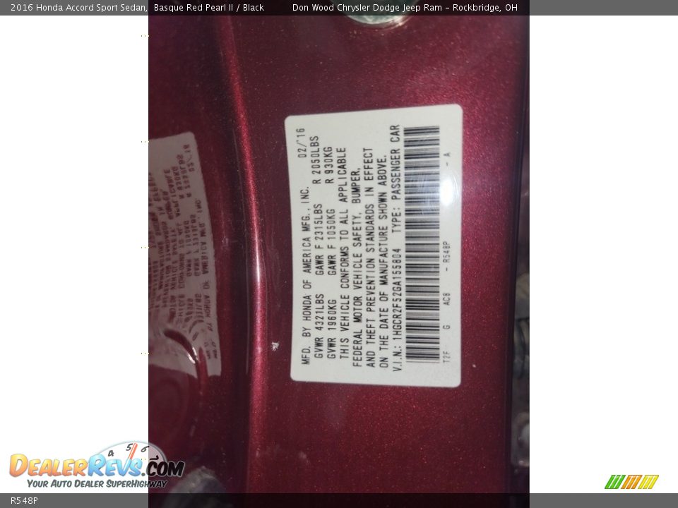 Honda Color Code R548P Basque Red Pearl II