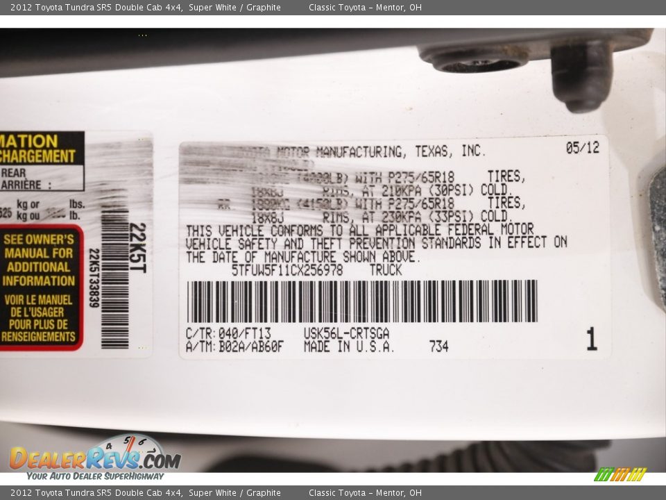 2012 Toyota Tundra SR5 Double Cab 4x4 Super White / Graphite Photo #17