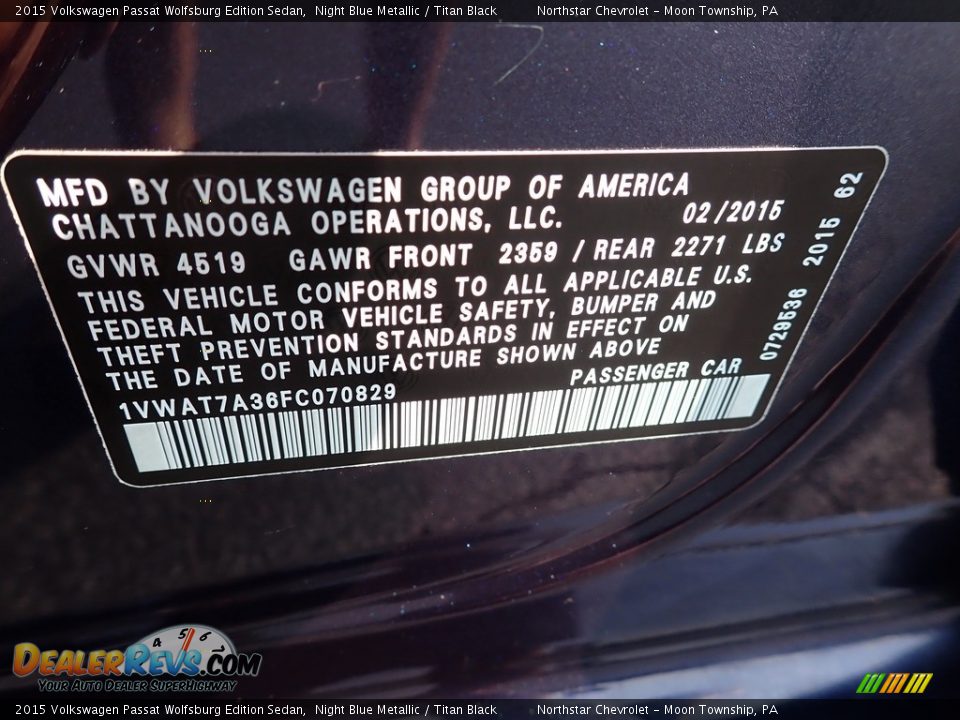 2015 Volkswagen Passat Wolfsburg Edition Sedan Night Blue Metallic / Titan Black Photo #29