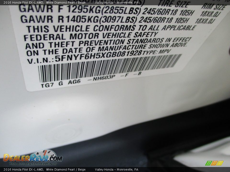 2016 Honda Pilot EX-L AWD White Diamond Pearl / Beige Photo #19