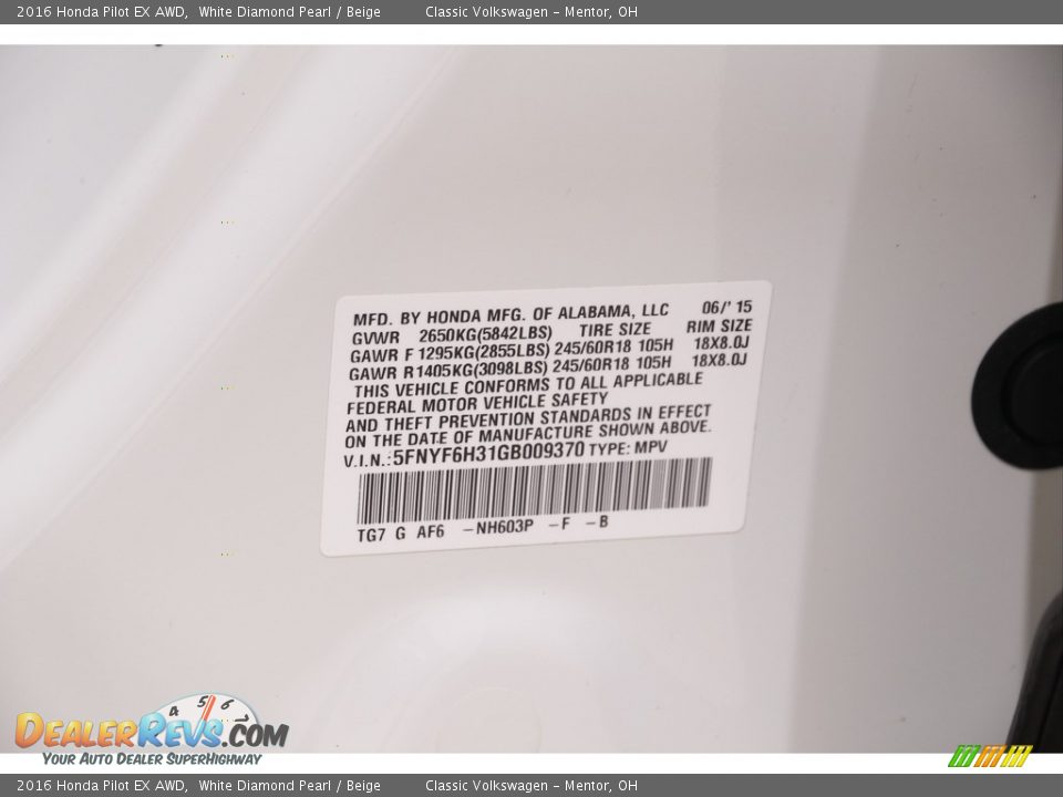 2016 Honda Pilot EX AWD White Diamond Pearl / Beige Photo #21