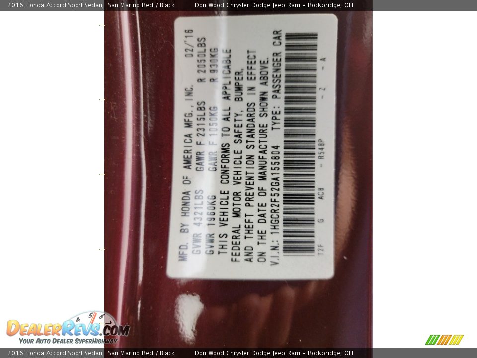 2016 Honda Accord Sport Sedan San Marino Red / Black Photo #11